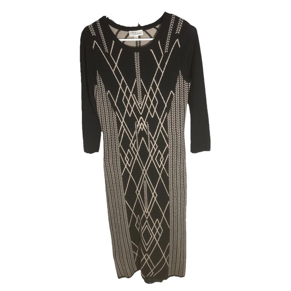 Allison Britney VTG Knit Sweater Dress 3/4 Sleeves Black/Beige Women's Small